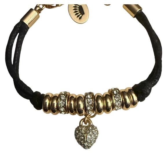 Juicy Couture Bracelet Pave Crystal Heart Charm Gold Beads Black Cord 6”-6.5 - Picture 4 of 6
